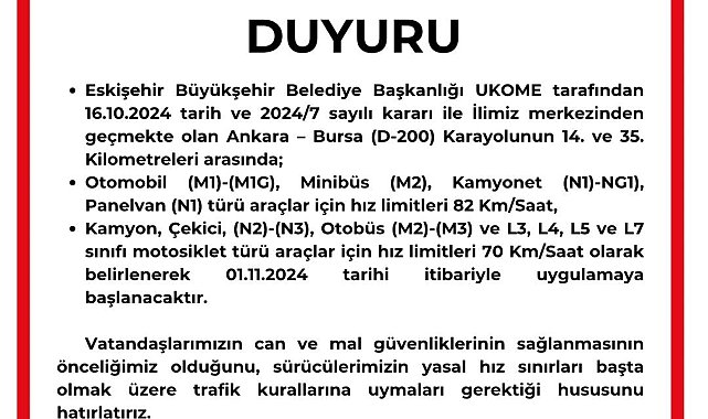 Eskişehir'den geçen Ankara-Bursa karayolundaki hız limiti düşürüldü