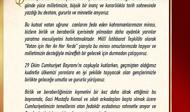 MİT Başkanı Kalın'dan Cumhuriyet Bayramı mesajı