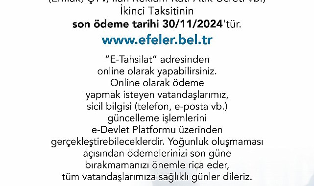 Efeler Belediyesi'nden vergi ödemesi hatırlatması