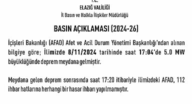 Elazığ Valiliği: "Deprem sonrası herhangi bir hasar ihbarı yapılmamıştır"