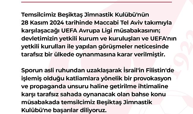 TFF'den Beşiktaş - Maccabi Tel Aviv maçı hakkında açıklama