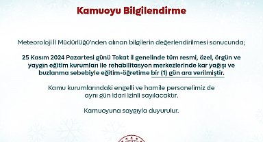Tokat'ta kar nedeniyle okullar 1 gün tatil edildi