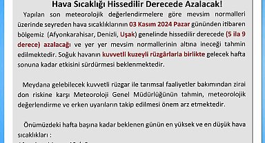 Uşak Valiliği uyardı, hava sıcaklıkları düşüyor