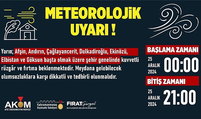 Kahramanmaraş'ta fırtına uyarısı