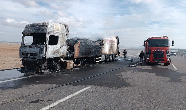 Aksaray'da alev alan mandalina yüklü tır küle döndü
