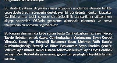 Bingöl OSB Genişleme ve Altyapı Projesine 849 milyon liralık yatırım onayı