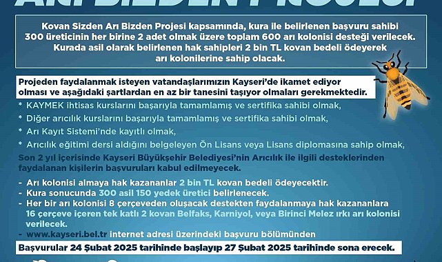 'Kovan Sizden, Arı Bizden' projesine başvurular başlıyor