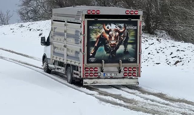 Arnavutköy'de beyaza bürünen yolda bir araç yolda kaldı