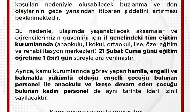 Artvin'de eğitime 1 gün ara verildi