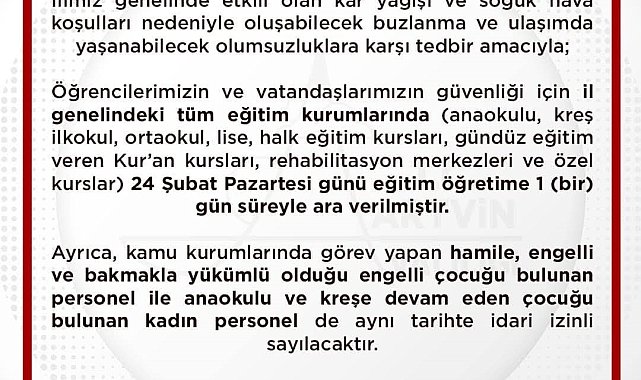 Artvin'de eğitime kar engeli