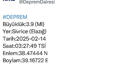 Elazığ'da 3.9 büyüklüğünde deprem