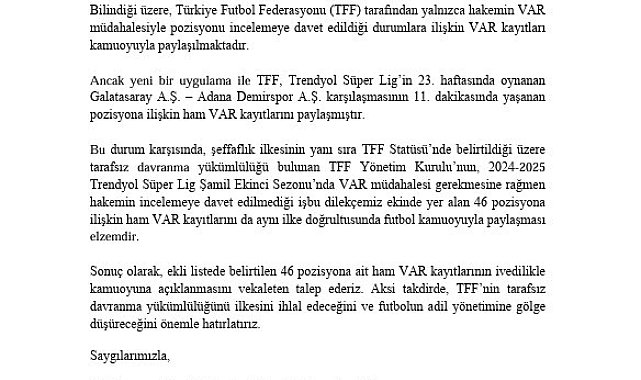 Galatasaray'dan, 46 pozisyonun VAR kayıtları için TFF'ye başvuru