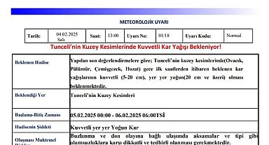 Meteoroloji'nden Tunceli için kuvvetli kar yağışı uyarısı