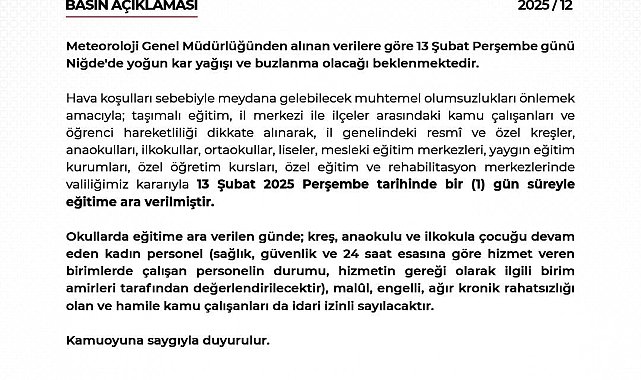 Niğde'de eğitime 1 gün ara verildi