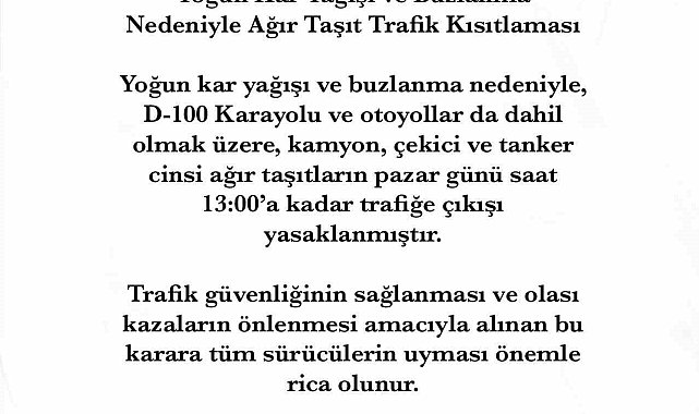 Sakarya'da ağır taşıt cinsi araçların otoyol ve D-100'e çıkışı yasaklandı
