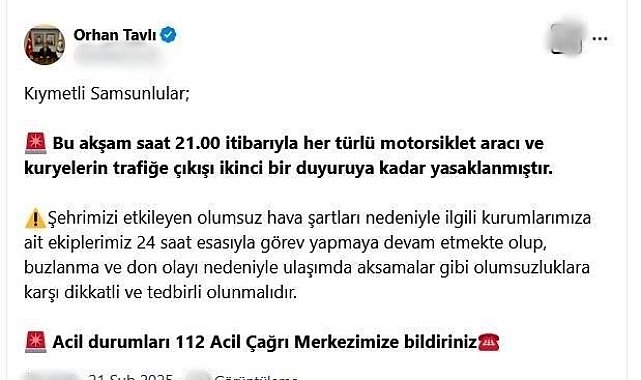 Samsun'da kurye ve motosikletlerin trafiğe çıkışı yasaklandı
