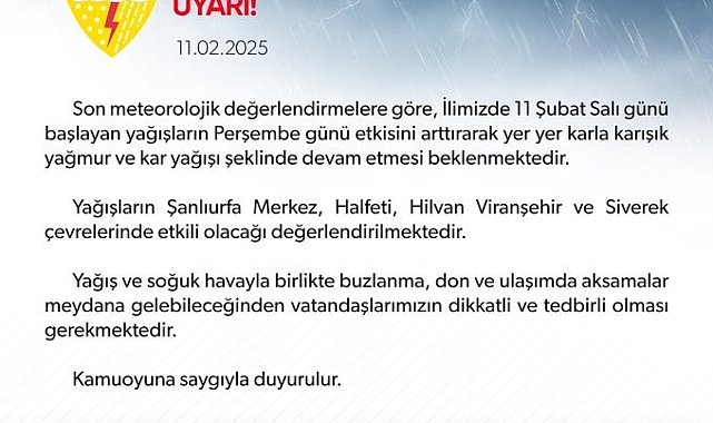 Şanlıurfa için yağış uyarısı