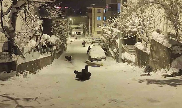 Sokağı kızak pistine çeviren çocuklar doyasıya eğlendi