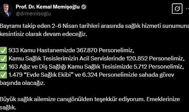 Bakan Memişoğlu: "2-6 Nisan tarihlerinde sağlık hizmetine devam edeceğiz"