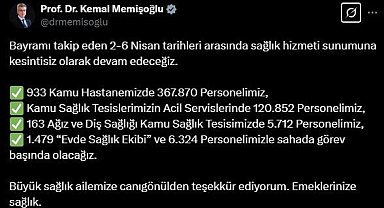 Bakan Memişoğlu: "2-6 Nisan tarihlerinde sağlık hizmetine devam edeceğiz"