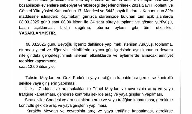 Beyoğlu Kaymakamlığı'ndan 8 Mart kararı: "24 saat süreyle gösteri yürüyüşü gibi tüm etkinlikler yasaklanmıştır"