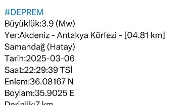 Hatay'da 3.9 büyüklüğünde deprem