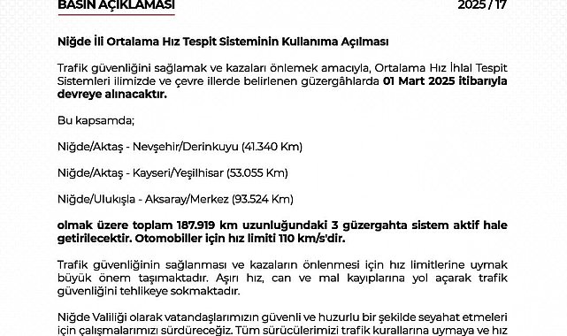 Niğde'de Ortalama Hız Tespit Sistemi devreye girdi