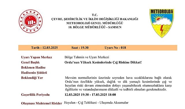 Ordu'nun yüksek kesimlerinde "çığ riski" uyarısı