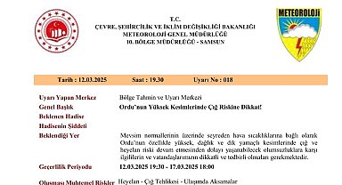 Ordu'nun yüksek kesimlerinde "çığ riski" uyarısı