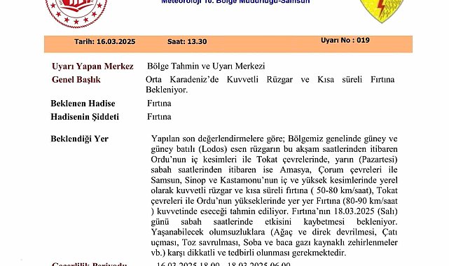 Samsun ve çevresine fırtına uyarısı