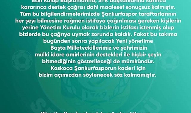 Şanlıurfaspor yönetimi istifa etti
