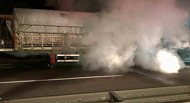 Tırın alev alev yanan lastikleri itfaiye ekiplerince söndürüldü