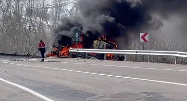 Yoldan çıkıp devrilen tır alev alev yandı