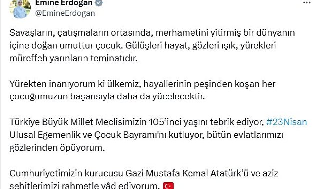 Emine Erdoğan'dan, 23 Nisan Ulusal Egemenlik ve Çocuk Bayramı mesajı
