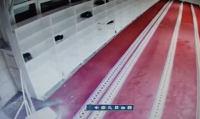 Kedinin caminin asma tavanını yıkarak aşağı düştüğü anlar kamerada