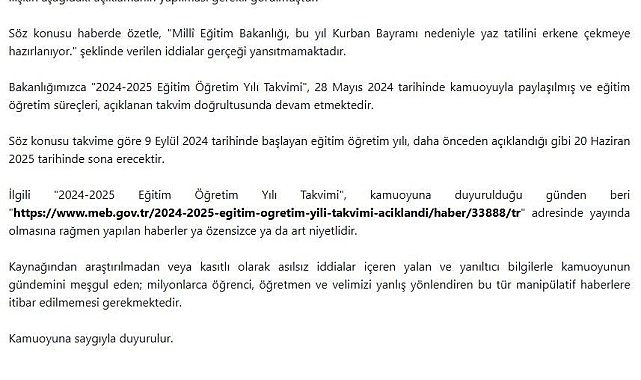 MEB'den erken yaz tatili iddialarına yalanlama