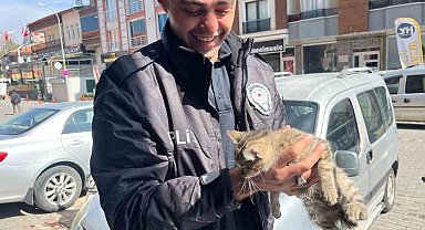 Aracın motoruna giren yavru kediyi polis kurtardı