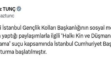 Bakan Tunç, Zafer Partisi İstanbul Gençlik Kolları Başkanlığı'nın yaptığı paylaşımlarla ilgili soruşturma başlatıldığını duyurdu