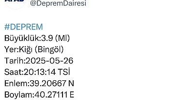 Bingöl'de 3.9 büyüklüğünde deprem