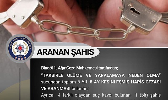 Bingöl'de 6 yıl 8 ay kesinleşmiş hapis cezası bulunan şahıs yakalandı