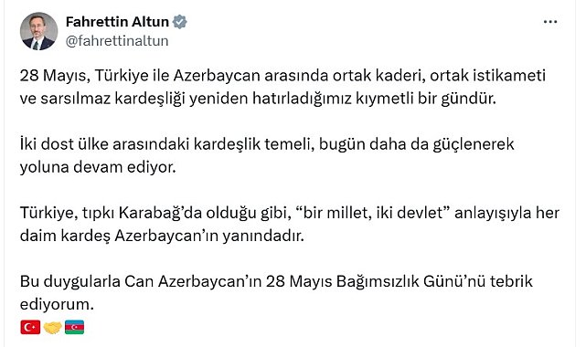 Cumhurbaşkanlığı İletişim Başkanı Altun: "Türkiye her zaman, her daim kardeş Azerbaycan'ın yanındadır"