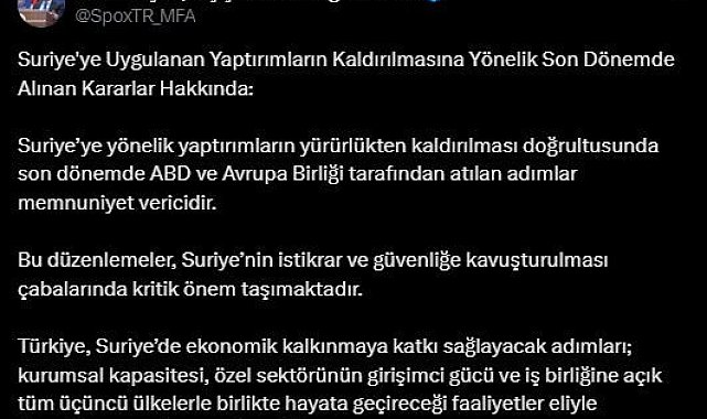 Dışişleri Sözcüsü Keçeli'den Suriye'ye yaptırımların kaldırılmasına ilişkin paylaşım