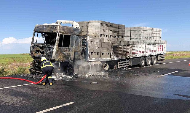 Diyarbakır'da seyir halindeki tuğla yüklü kamyon alev topuna döndü