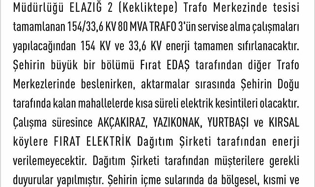 Elazığ'da elektrik kesintisi yaşanacak