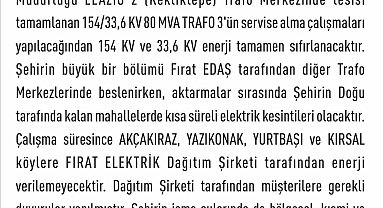 Elazığ'da elektrik kesintisi yaşanacak