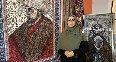 Halıların üzerine tarihi şahsiyetleri çiziyor