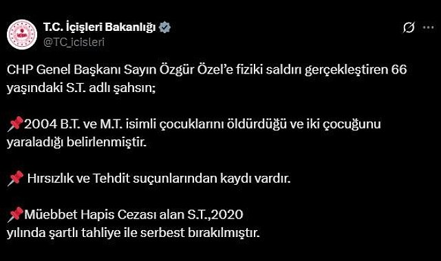İçişleri Bakanlığı, Özel'e saldıran şahsın 2020'de şartlı tahliye ile serbest kaldığını açıkladı