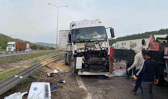 TEM'de sürücüsünün uyuduğu iddia edilen buğday yüklü tır devrildi