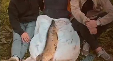 Tuttuğu 14 kiloluk turnayı bebek gibi kucağında salladı