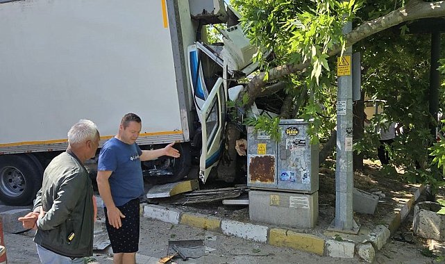 Erdek Ocaklar'da kaza: Freni patlayan kamyon ağaca çarptı